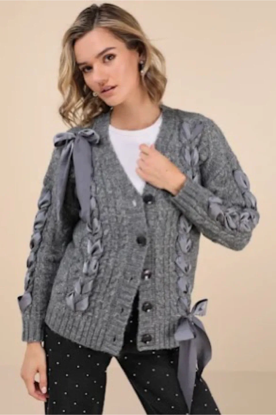 Moon River Grey Cardigan with Ribbon Detail thumbnail