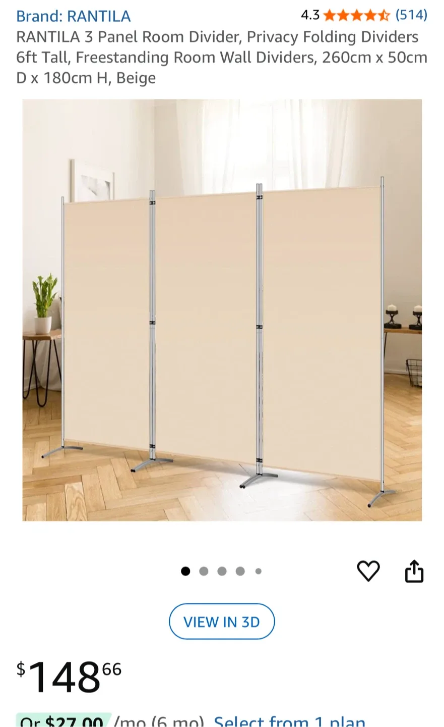 RANTILA 3 Panel Room Divider - Beige, 6ft Tall thumbnail