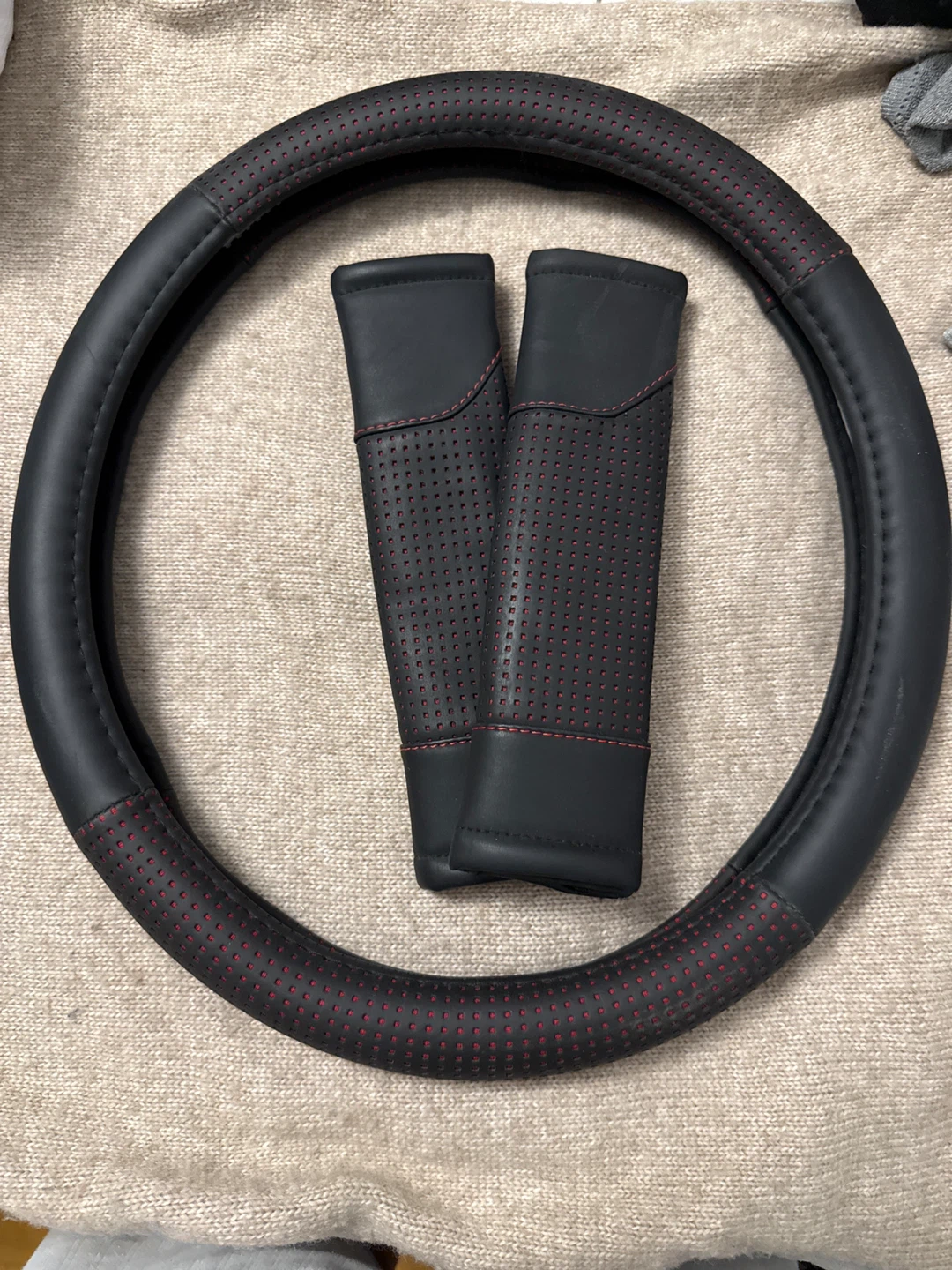 Black Leather Steering Wheel Cover & Seatbelt Pads