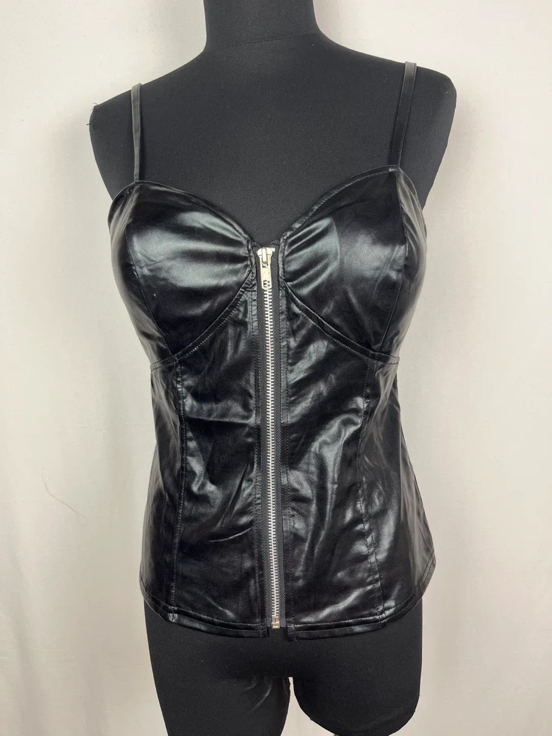 Black Faux Leather Zipper Corset Top Size S thumbnail