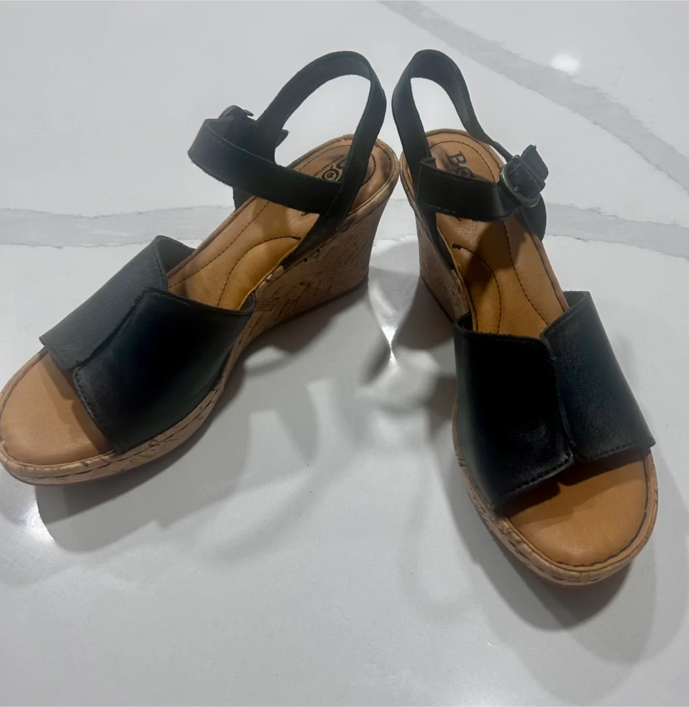 Born Wedge Sandals, Black Leather, Size 8