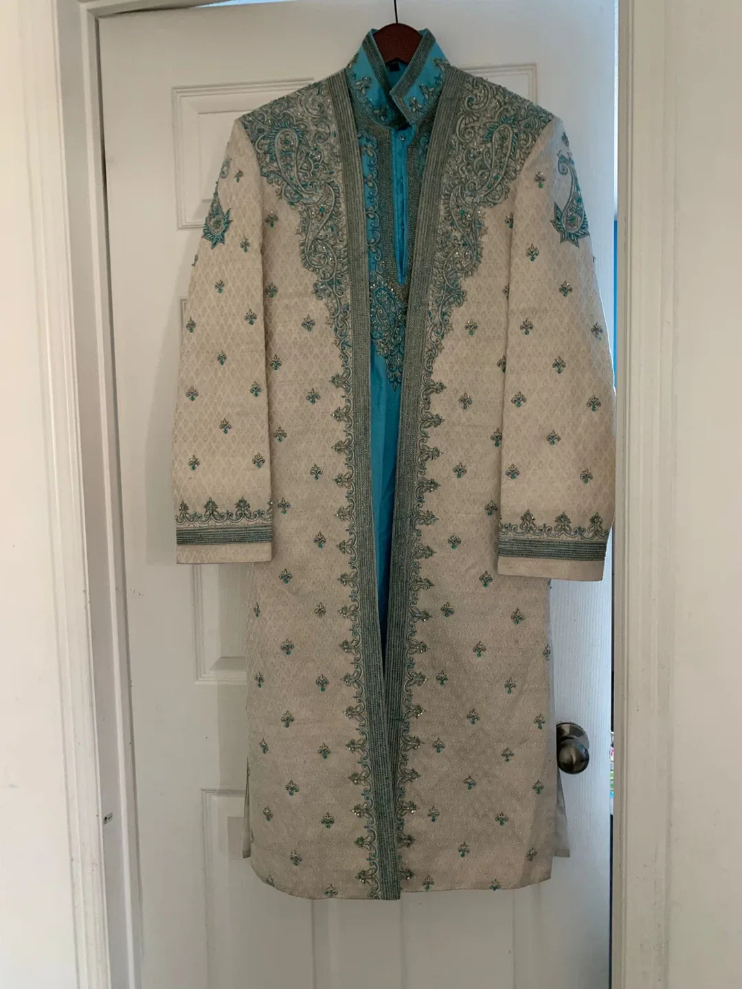 Men's Sherwani - Beige & Turquoise thumbnail
