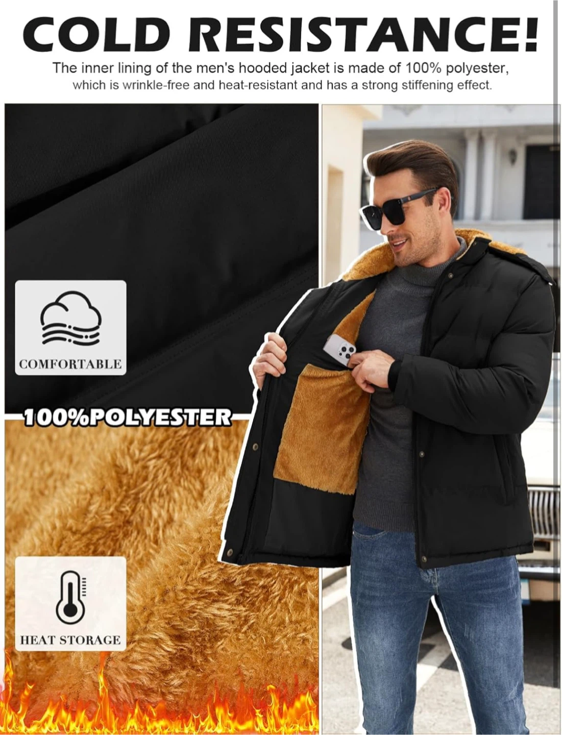 NEW! Men's Black Winter Coat with Removable Hood - photo 4