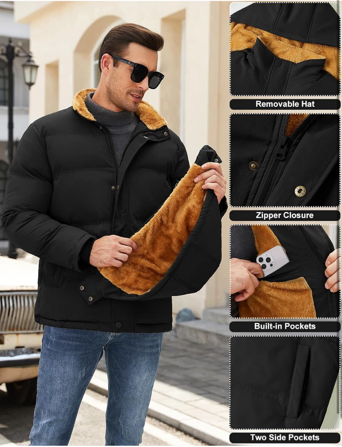 NEW! Men's Black Winter Coat with Removable Hood - photo 3