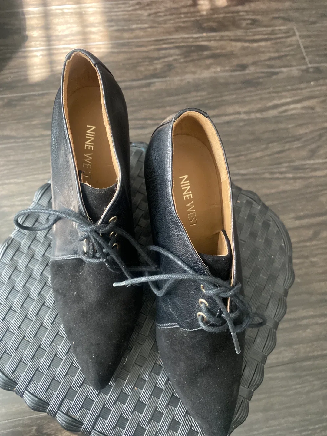 Nine West Black Leather Wedge Booties Size 6 image indicator(2)