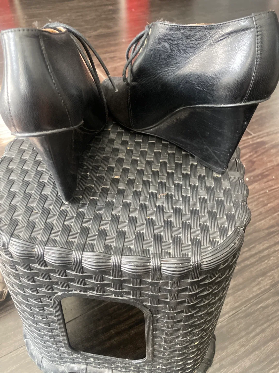 Nine West Black Leather Wedge Booties Size 6 image indicator(3)