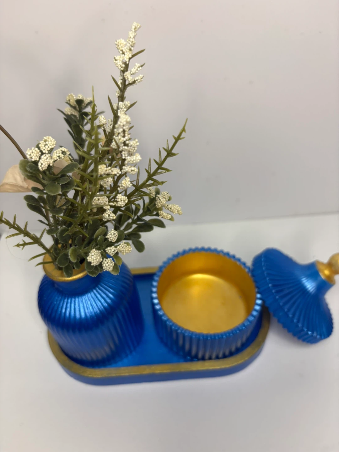 Handmade Blue & Gold Trinket Set |Tray with Ribbed Bud &box - photo 3