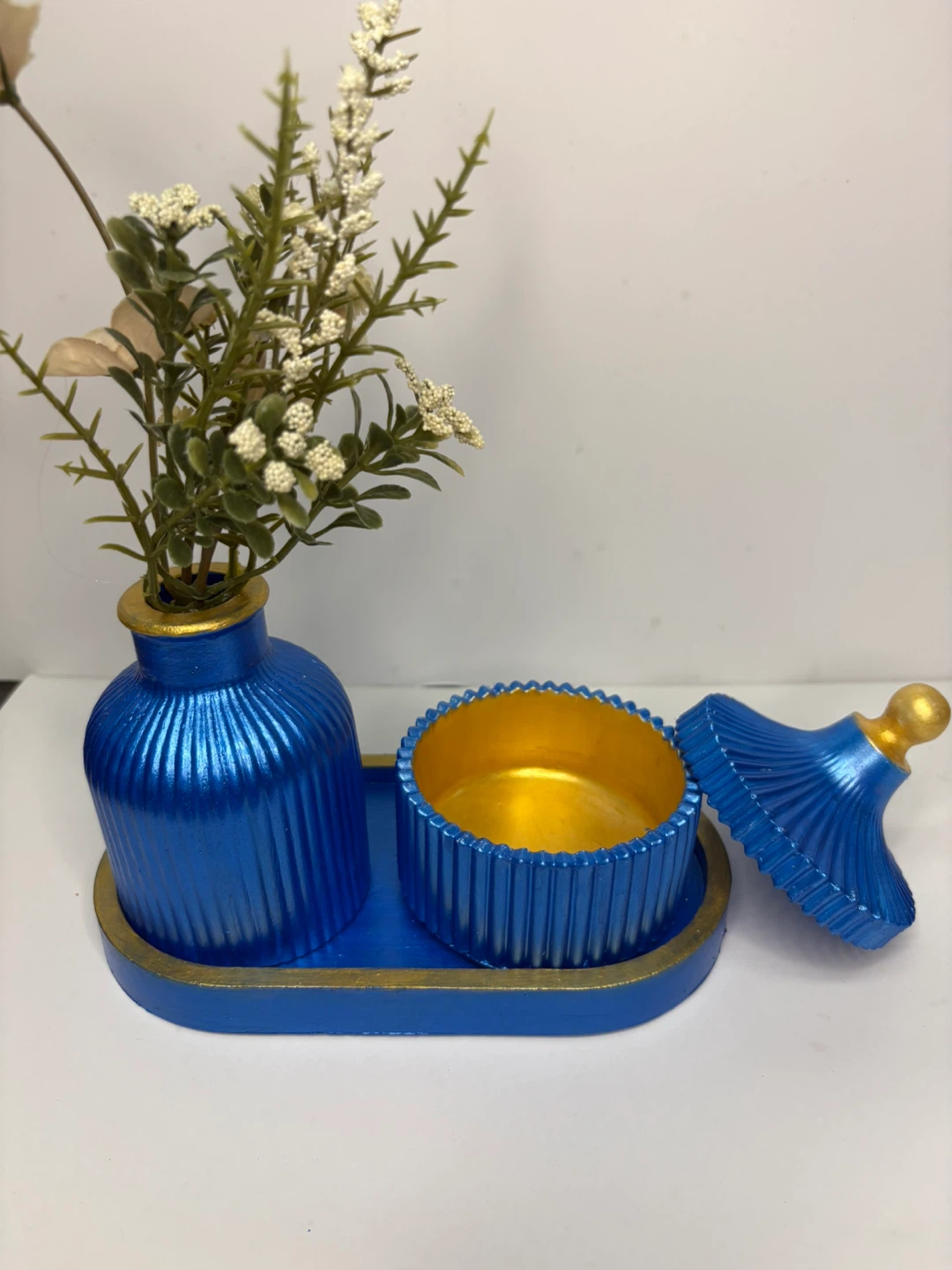 Handmade Blue & Gold Trinket Set |Tray with Ribbed Bud &box - photo 2