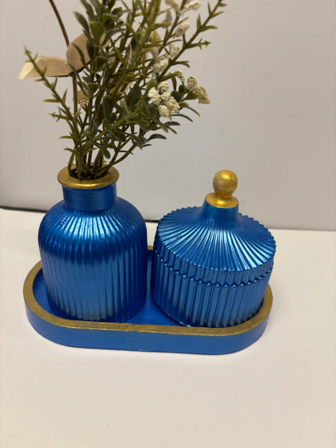 Handmade Blue & Gold Trinket Set |Tray with Ribbed Bud &box