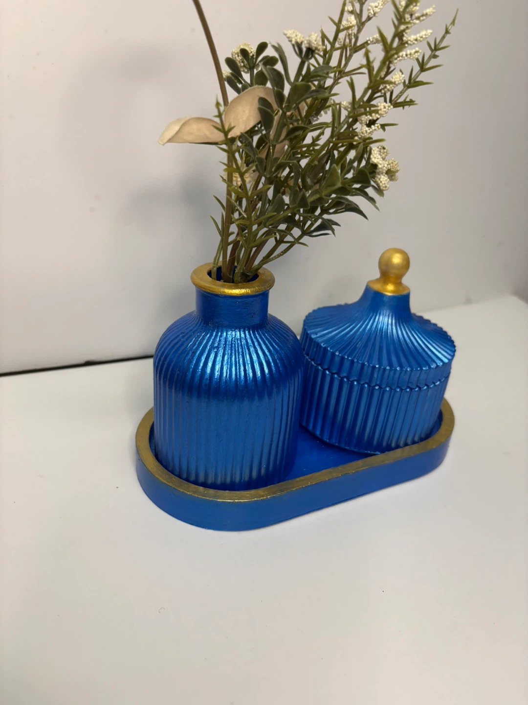 Handmade Blue & Gold Trinket Set |Tray with Ribbed Bud &box - photo 5