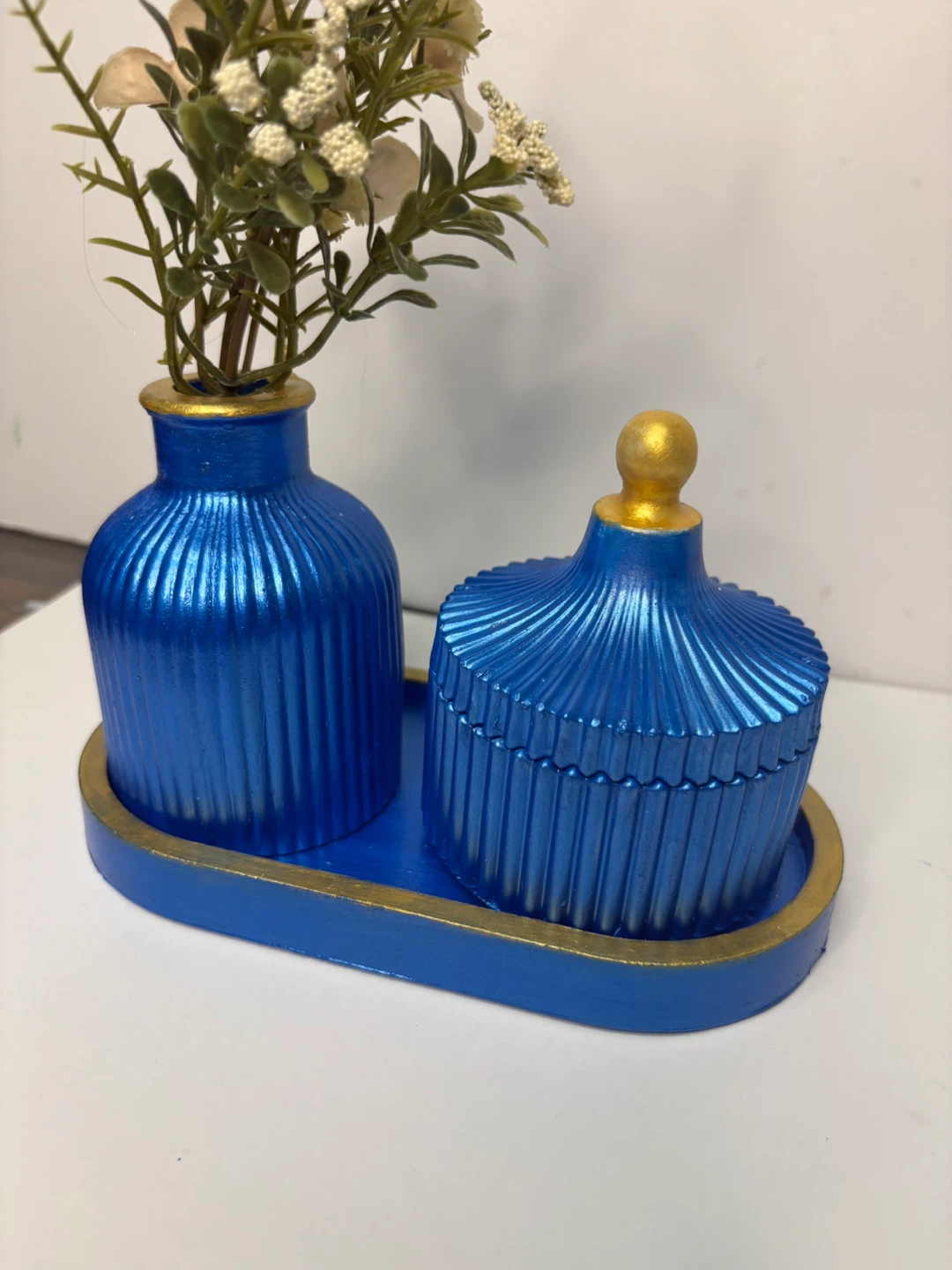 Handmade Blue & Gold Trinket Set |Tray with Ribbed Bud &box - photo 4