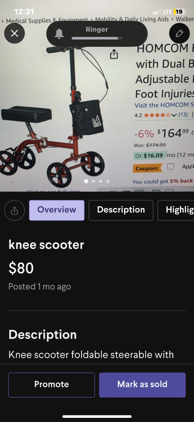 HOMCOM Knee Scooter with Dual Brakes