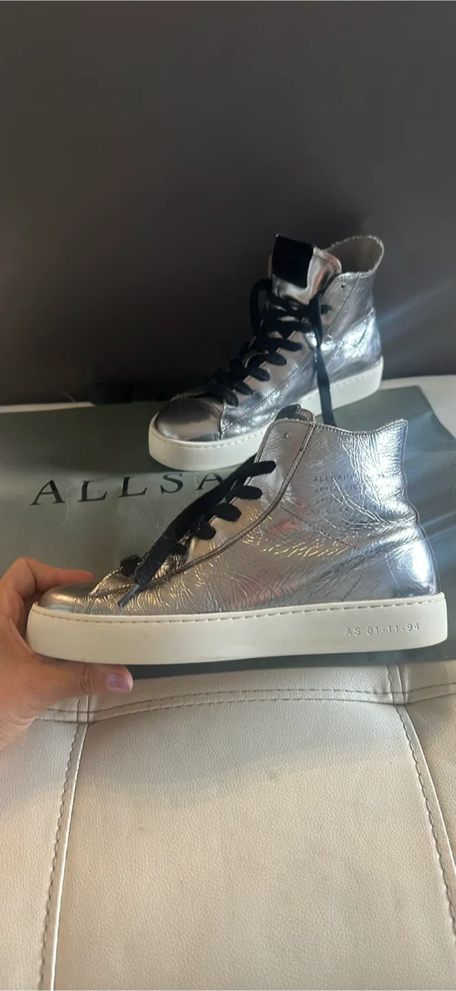 AllSaints Tana Metallic Silver High-Top Sneakers - Size 5 thumbnail