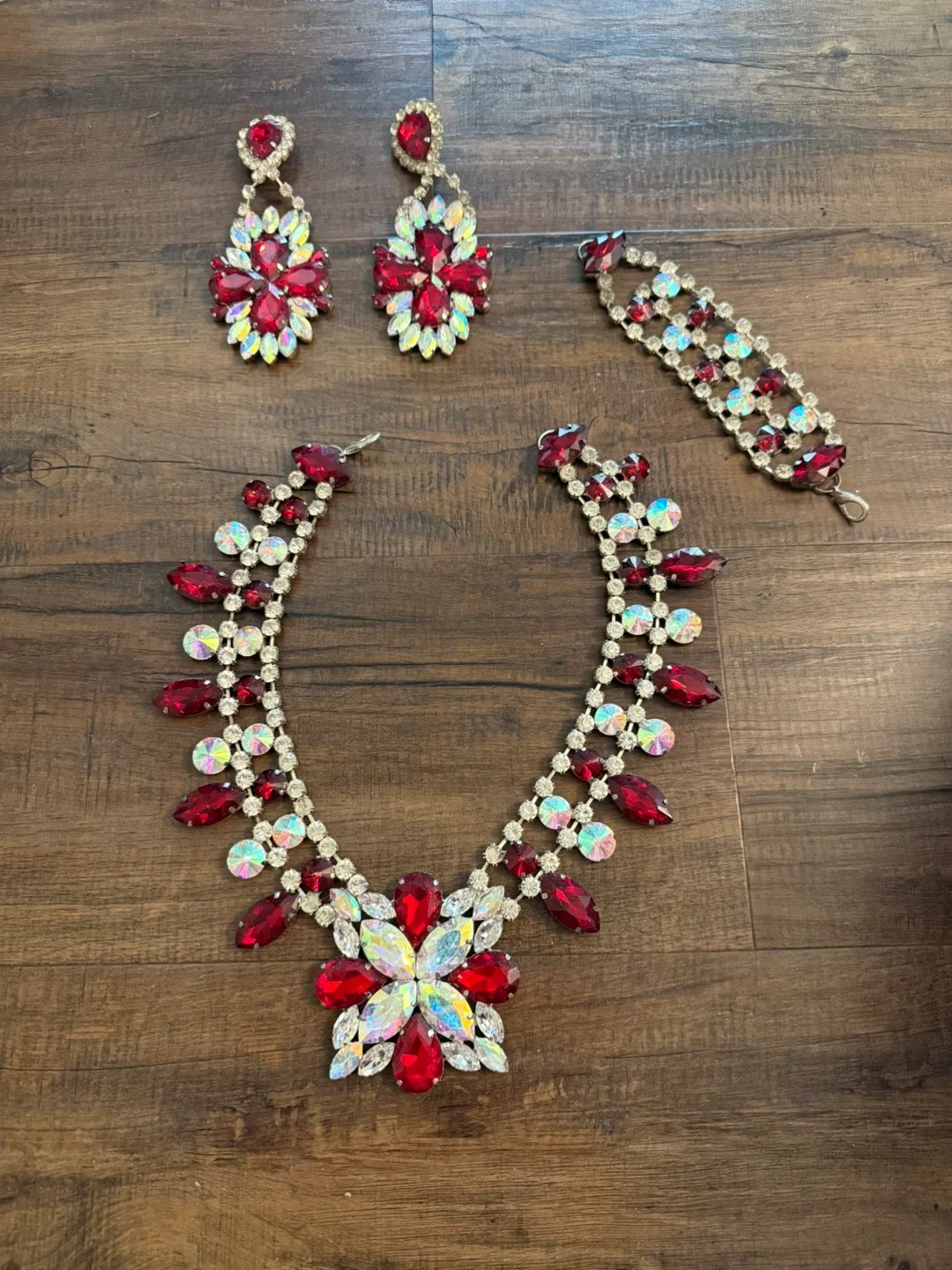 Red Rhinestone Jewellery Set - Necklace, Earrings, Bracelet thumbnail