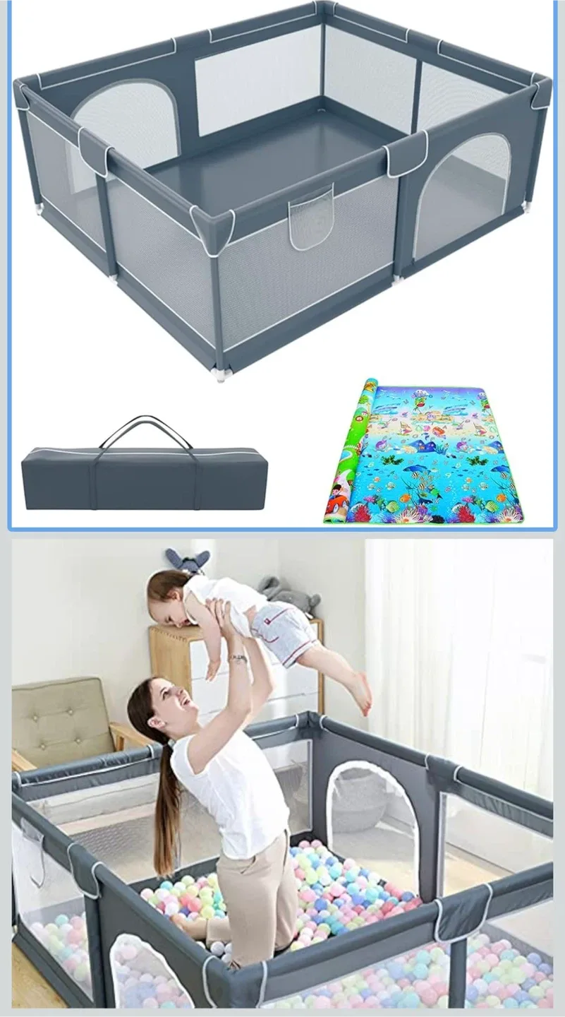 Grey Baby Playpen with Mat
