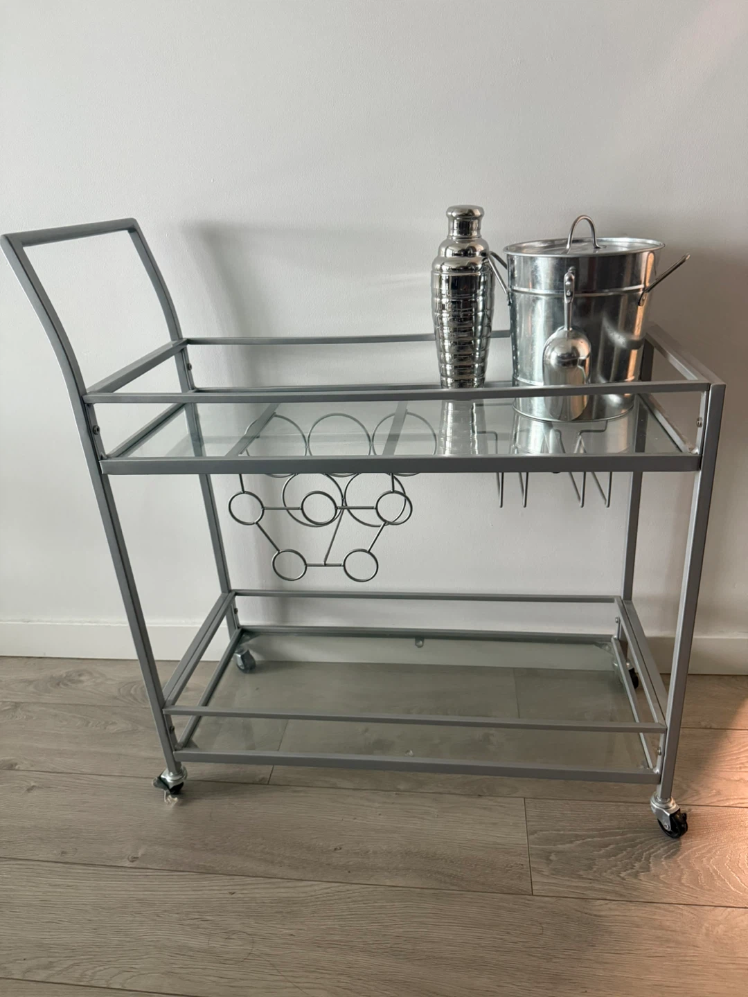 Silver Bar Cart with Glass Shelves