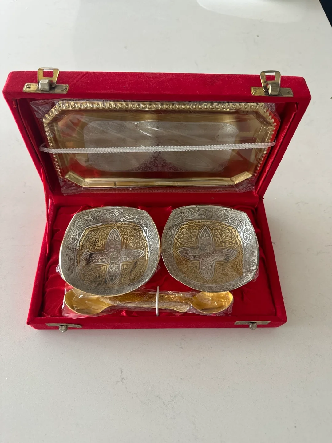Red Velvet Boxed Gold Silver Plated Serving Set thumbnail