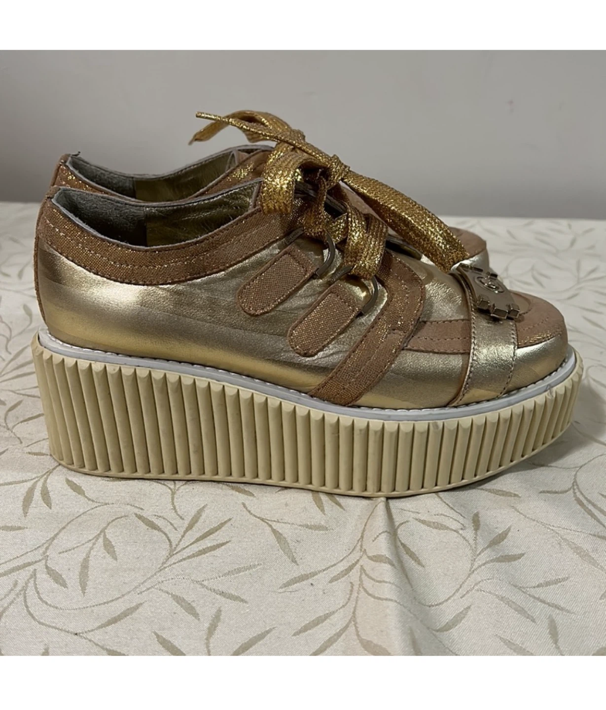 🥕 Chanel Gold Foil Leather Creepers Platform Sneakers - photo 2