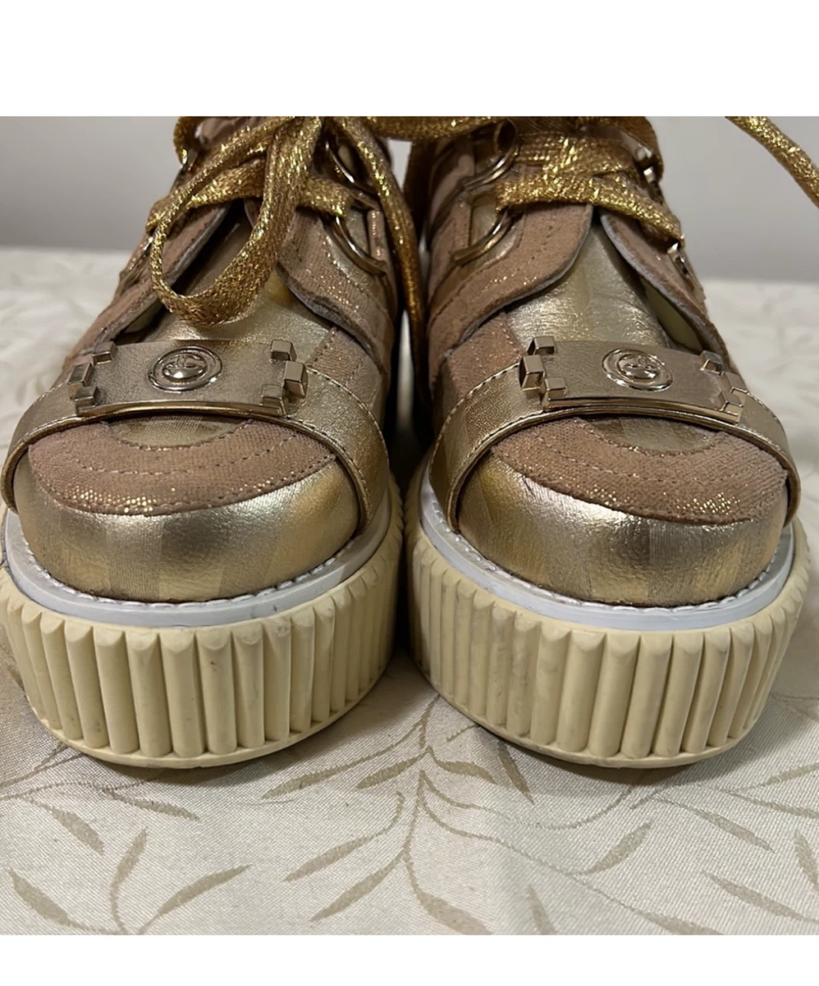 🥕 Chanel Gold Foil Leather Creepers Platform Sneakers - photo 4