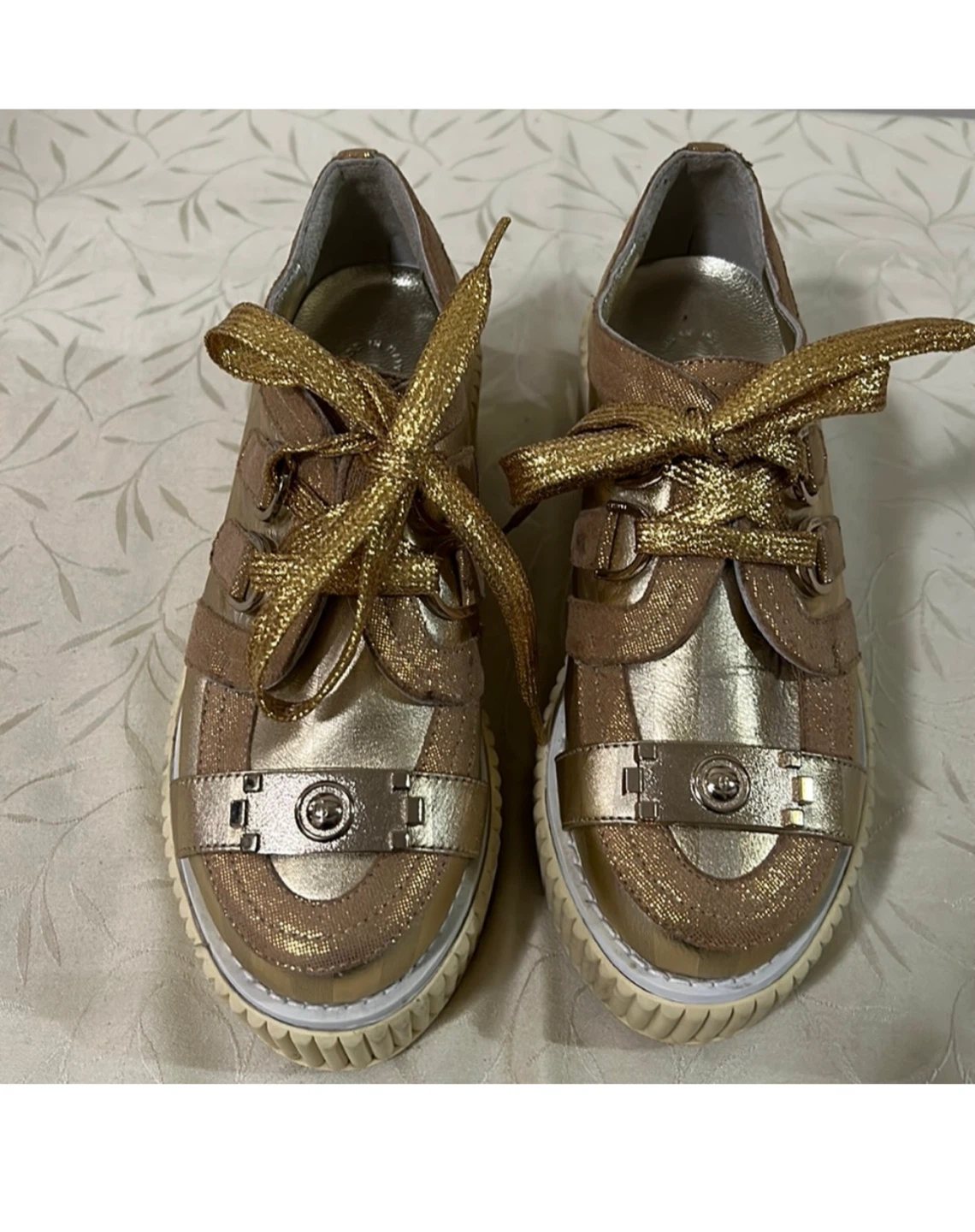 🥕 Chanel Gold Foil Leather Creepers Platform Sneakers