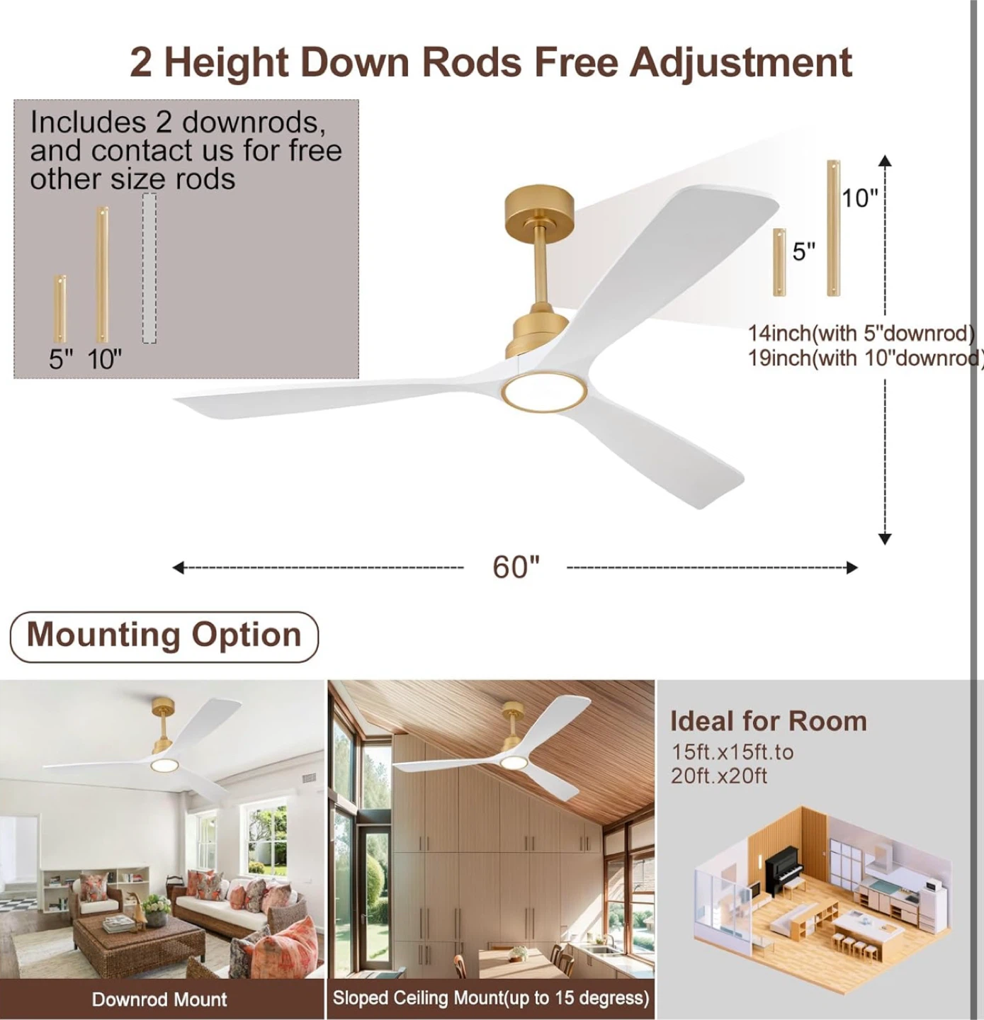 New 60” wood White and Gold Ceiling Fans with Lights and Remote - photo 5