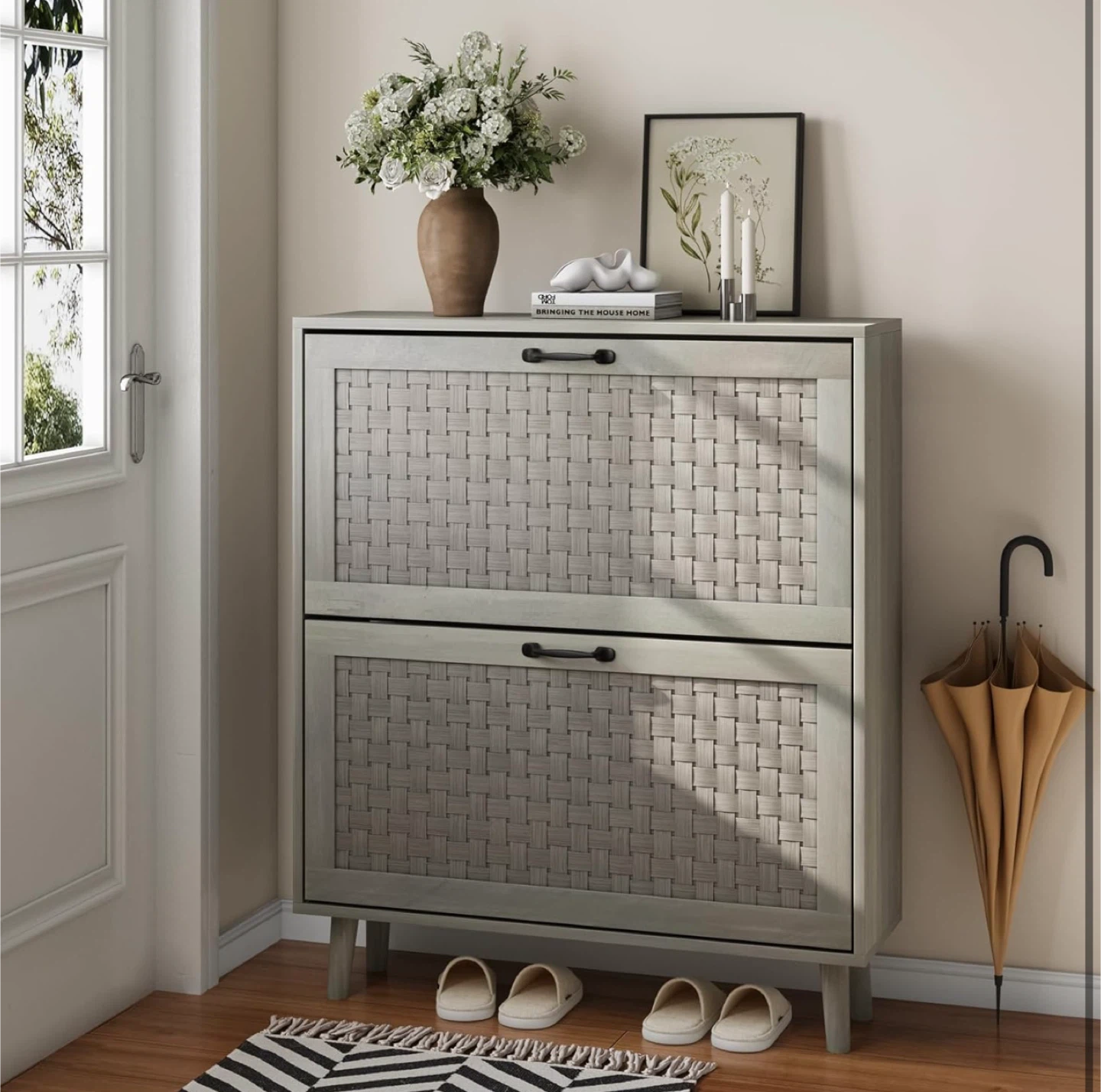 New Shoe Cabinet with 2 Flip Handmade Woven Drawers