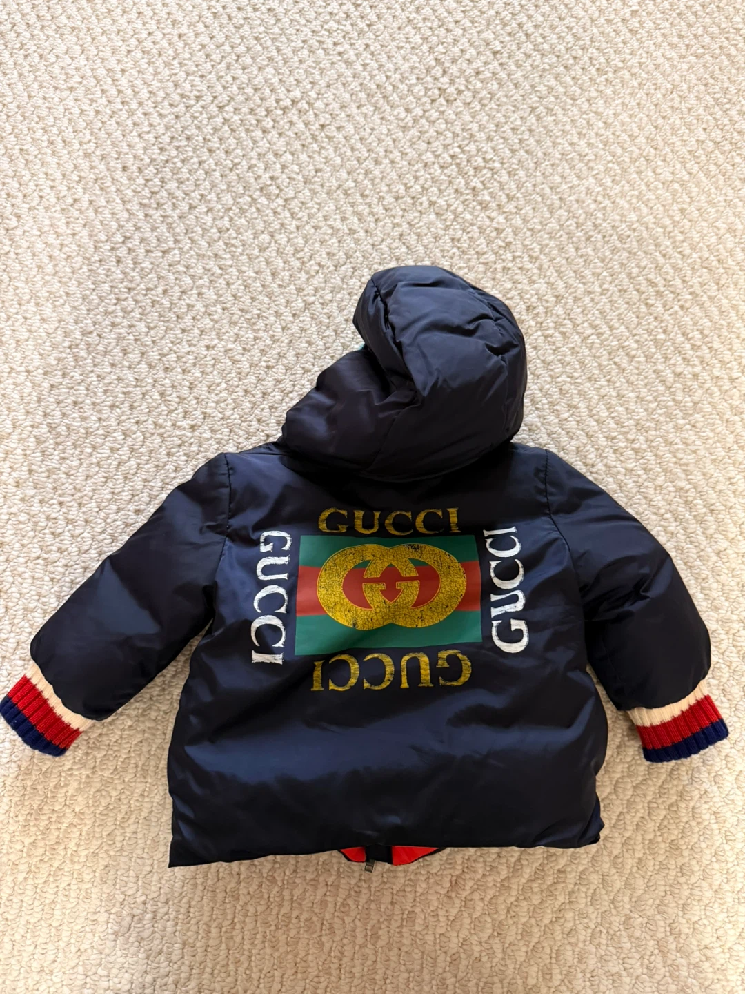 Gucci Logo Kids Navy Padded Down Jacket - Size 6/9M