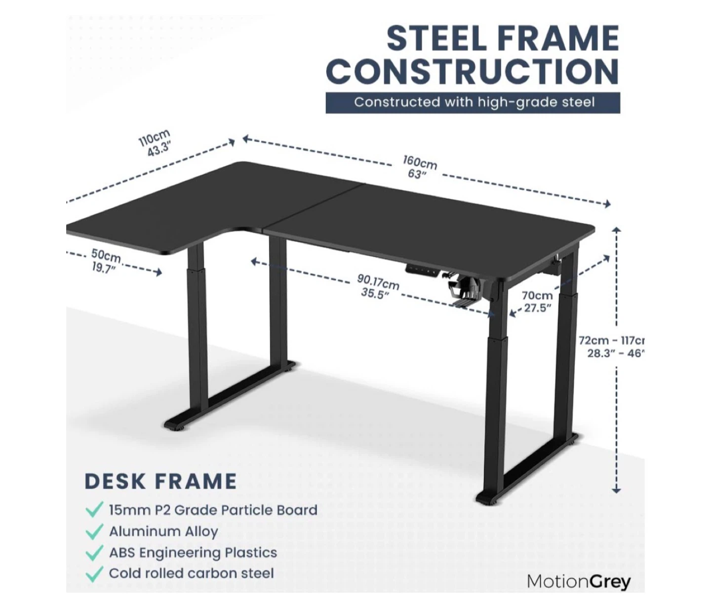 MotionGrey Black Standing L-Shaped Desk