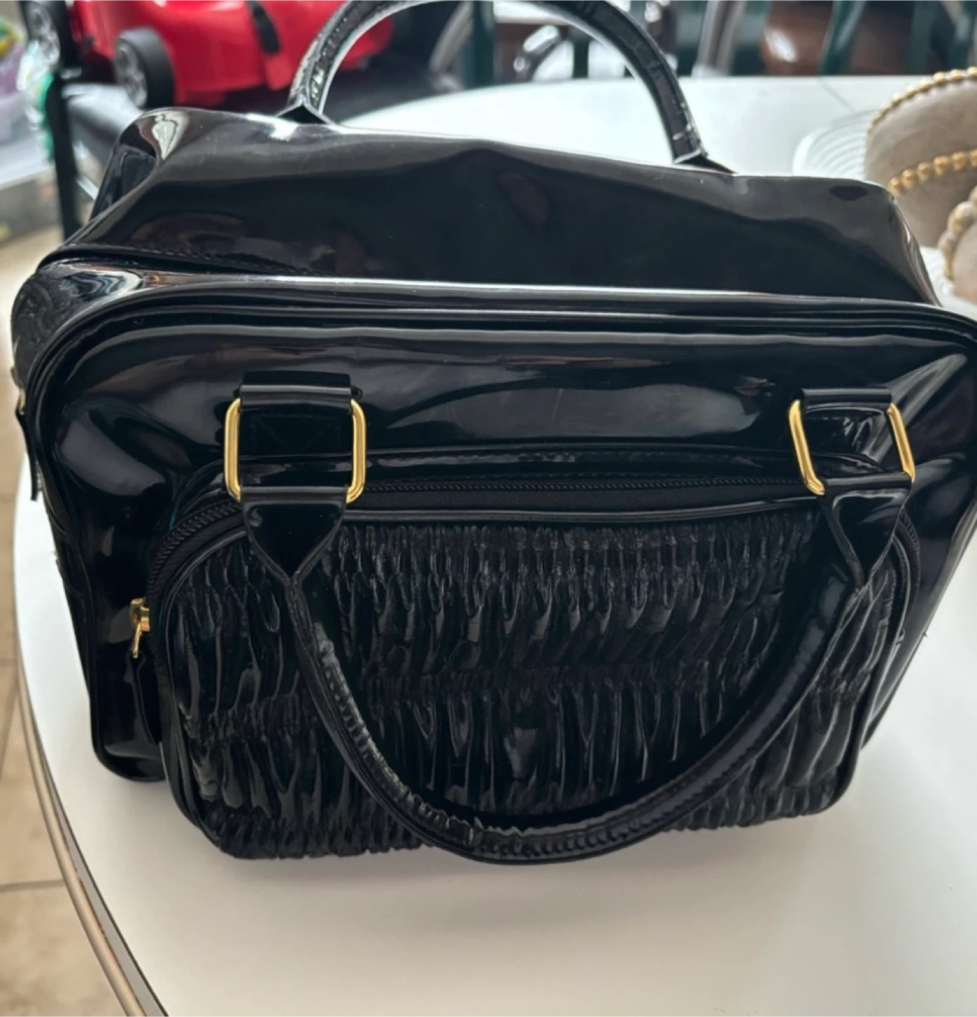 Black Patent Leather Handbag/Makeup Bag - photo 3