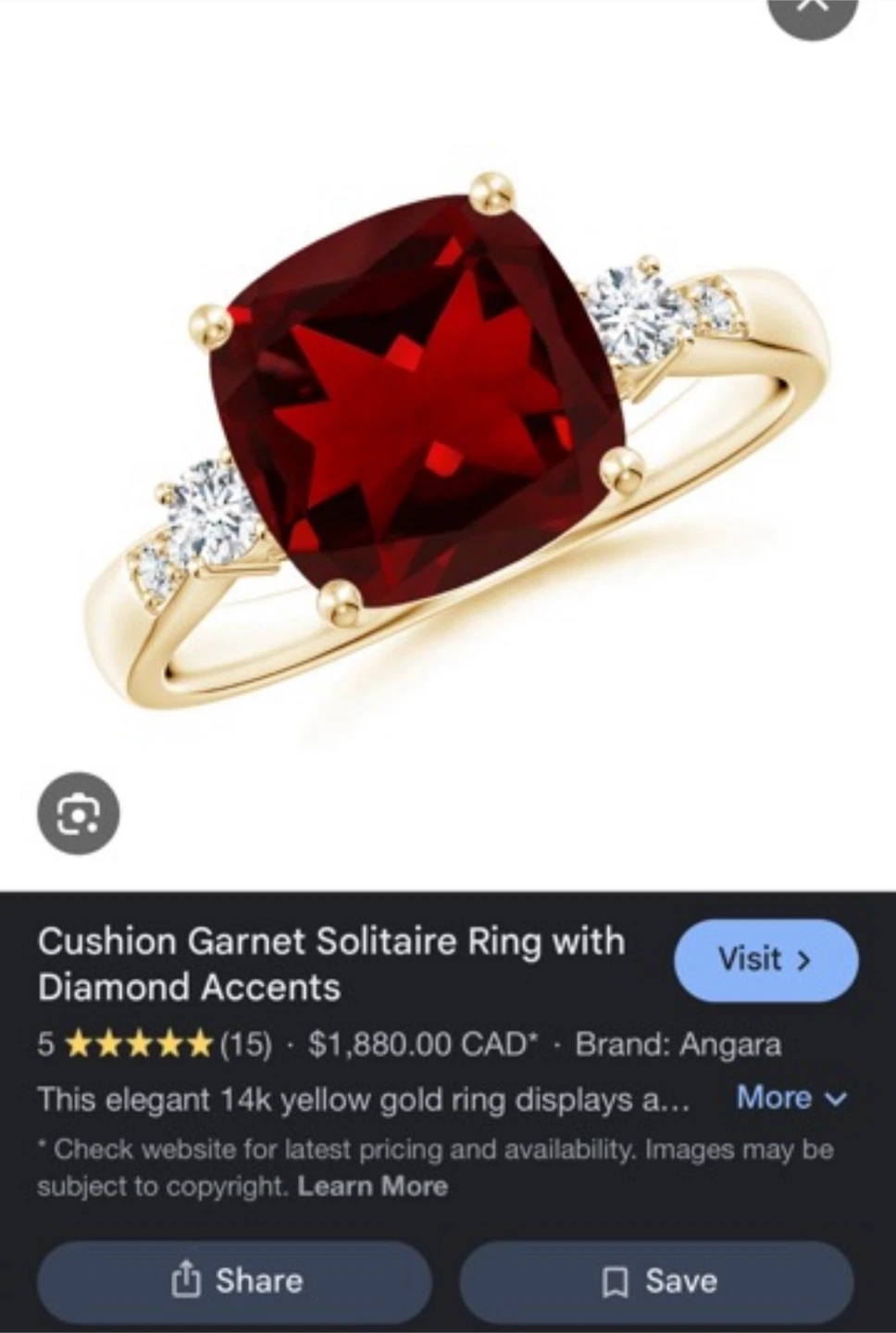Angara Cushion Garnet Solitaire Ring - 10K Yellow Gold