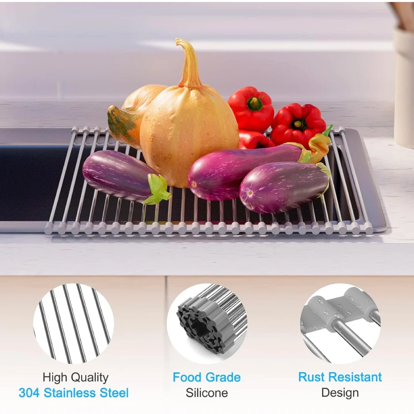 Stainless Steel & Silicone Over The Sink Dish Drying Rack image indicator(7)