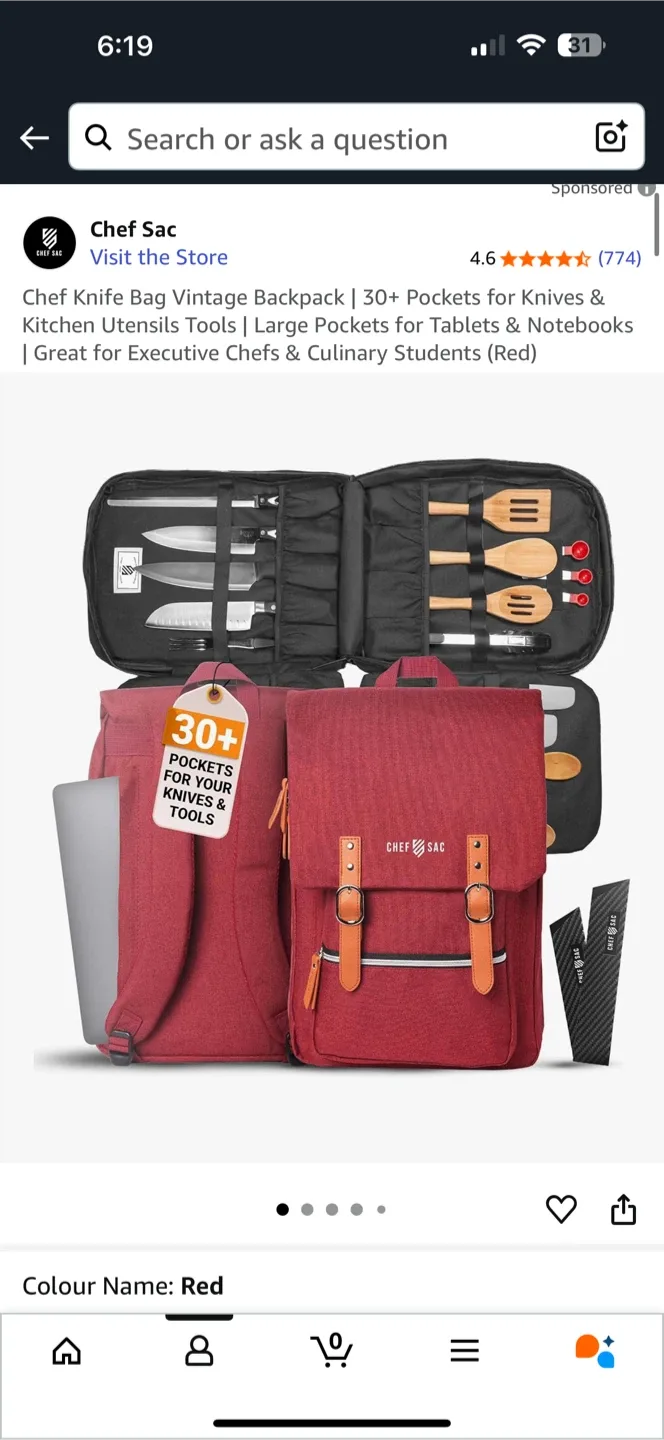 Chef Sac Knife Bag Vintage Backpack - Red image indicator(2)