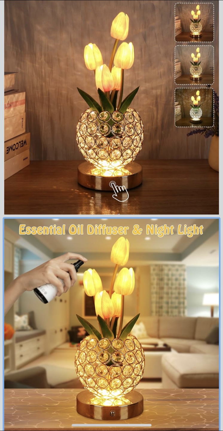 Crystal Tulip Table Lamp - Night Light & Diffuser