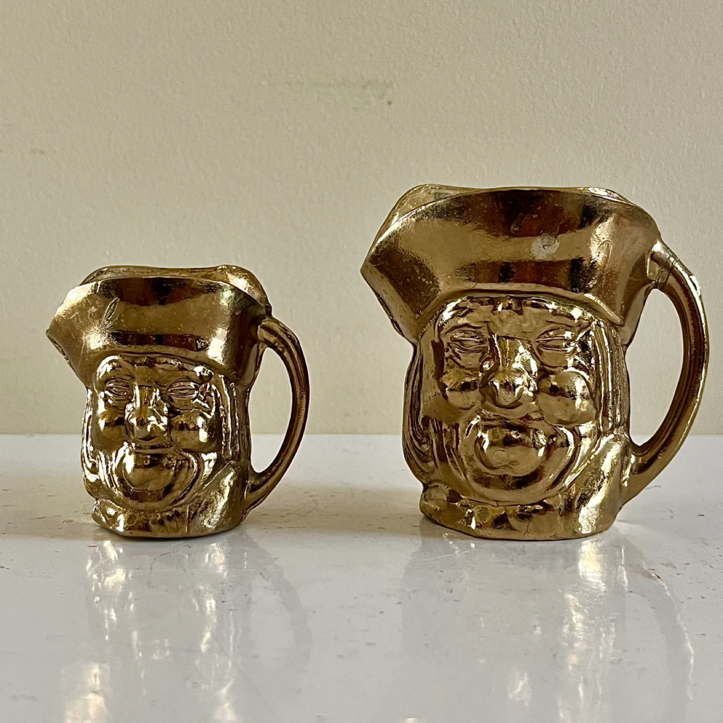 Pair of Tiny Vintage Brass Toby Jugs