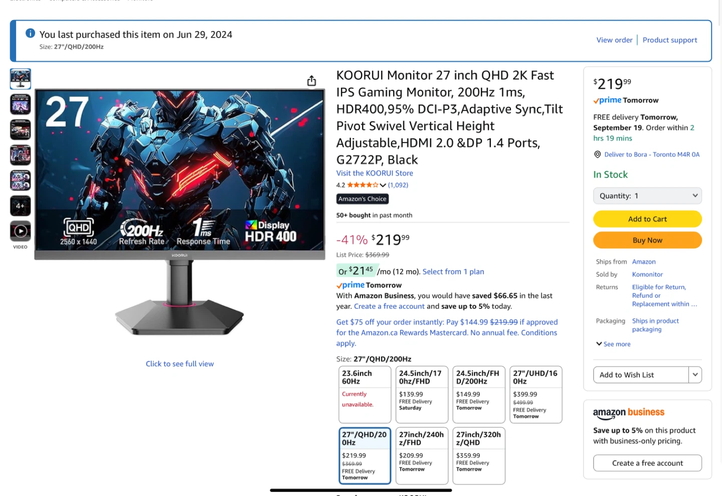 KOORUI 27" QHD 2K 200Hz IPS Gaming Monitor