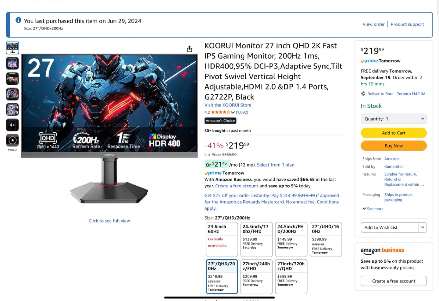 KOORUI 27" QHD 2K 200Hz IPS Gaming Monitor thumbnail
