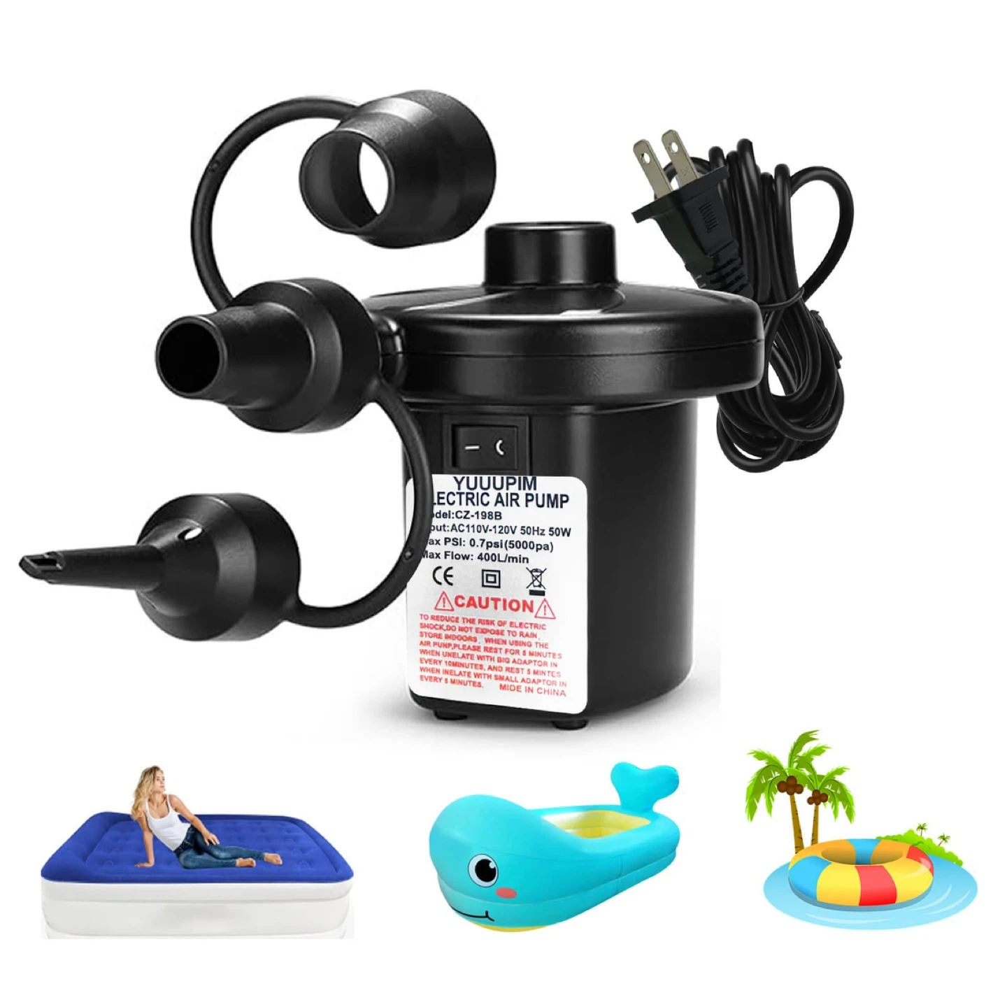 Portable Quick-Fill Air Pump with 3 Nozzles,