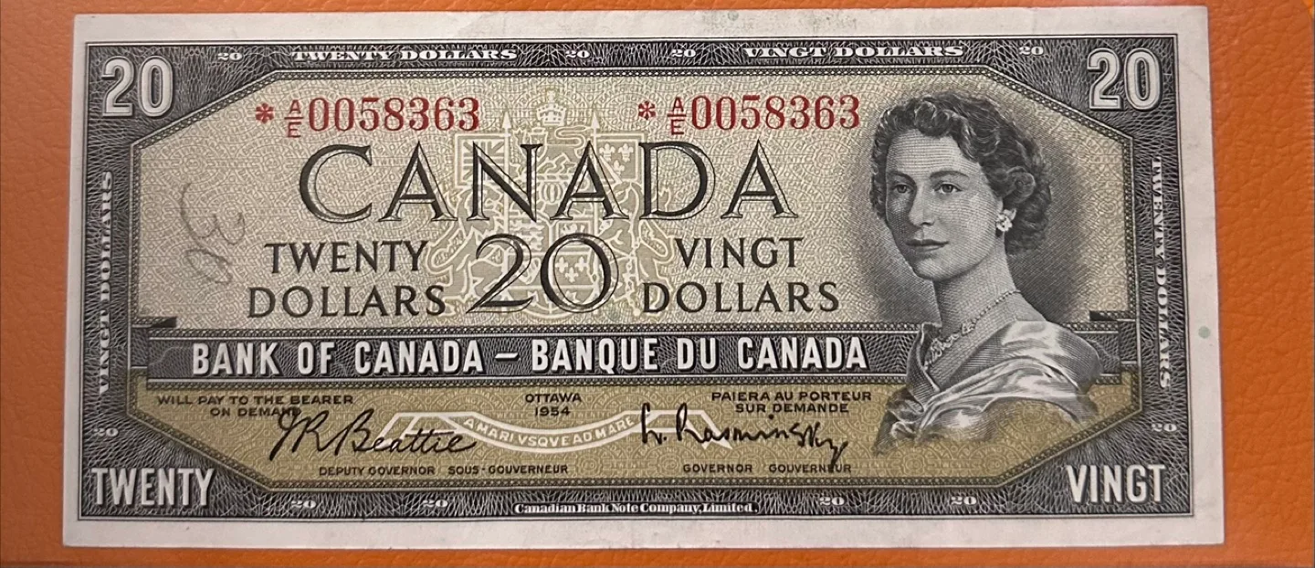 1954 Canadian vintage twenty-dollar star banknote rare * thumbnail
