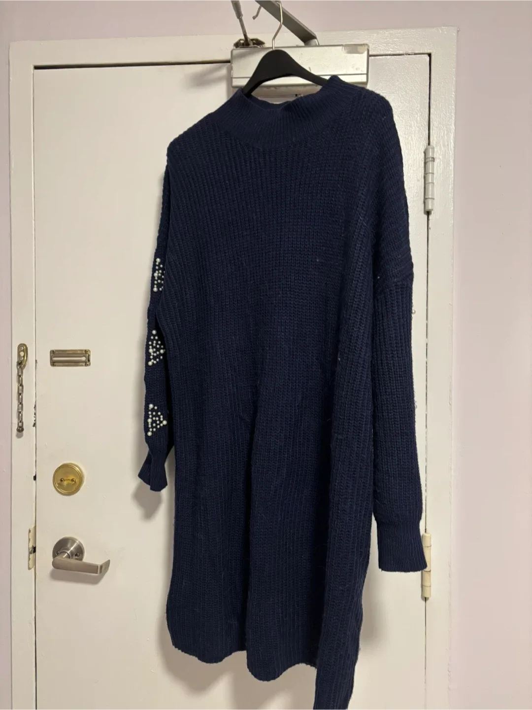 Navy Blue Knit Sweater Dress with Pearl Detail thumbnail