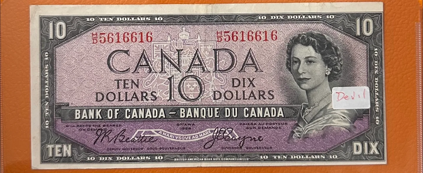 1954 Canadian vintage $10 banknote with rare Devils Face thumbnail