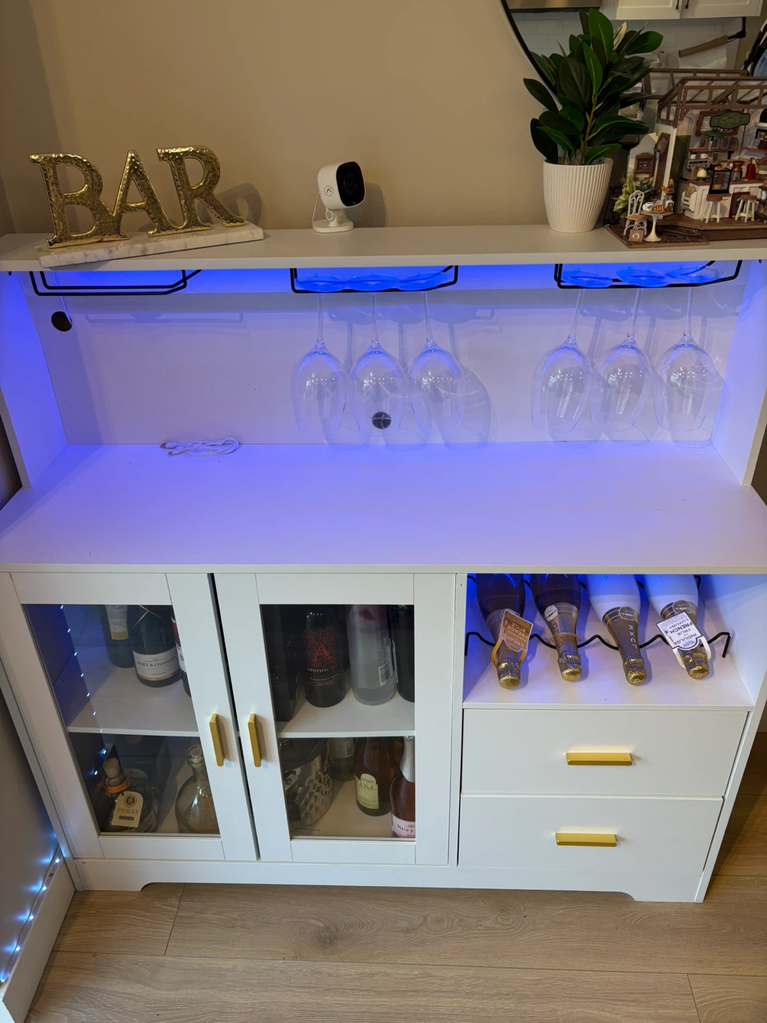 White Bar Cabinet with Wine Glass Rack