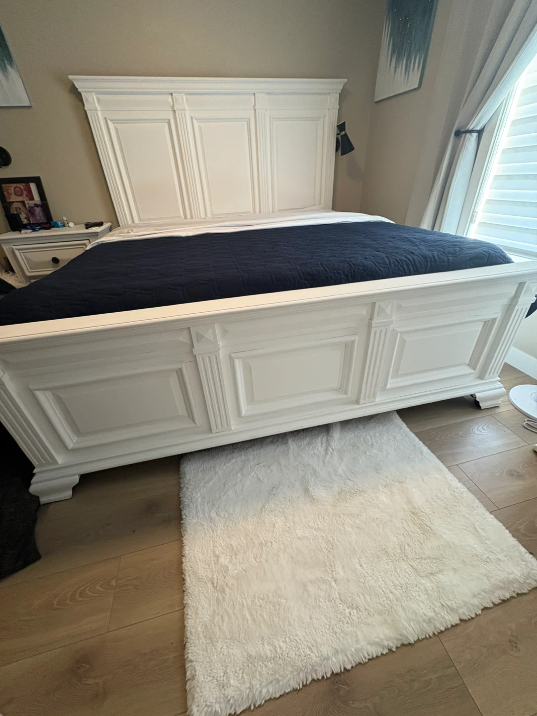 White wooden Bed Frame with mattress and 2 bed side drawers - photo 4