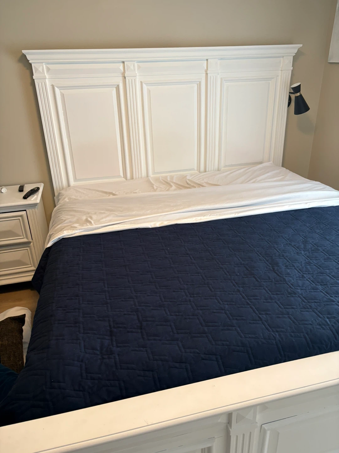 White wooden Bed Frame with mattress and 2 bed side drawers