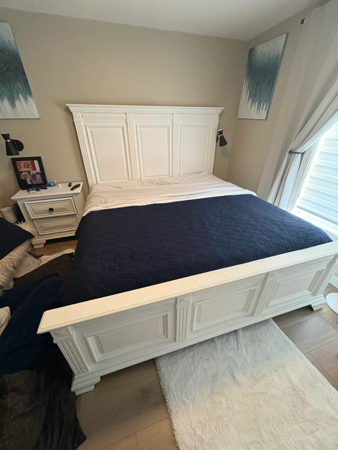 White wooden Bed Frame with mattress and 2 bed side drawers - photo 3