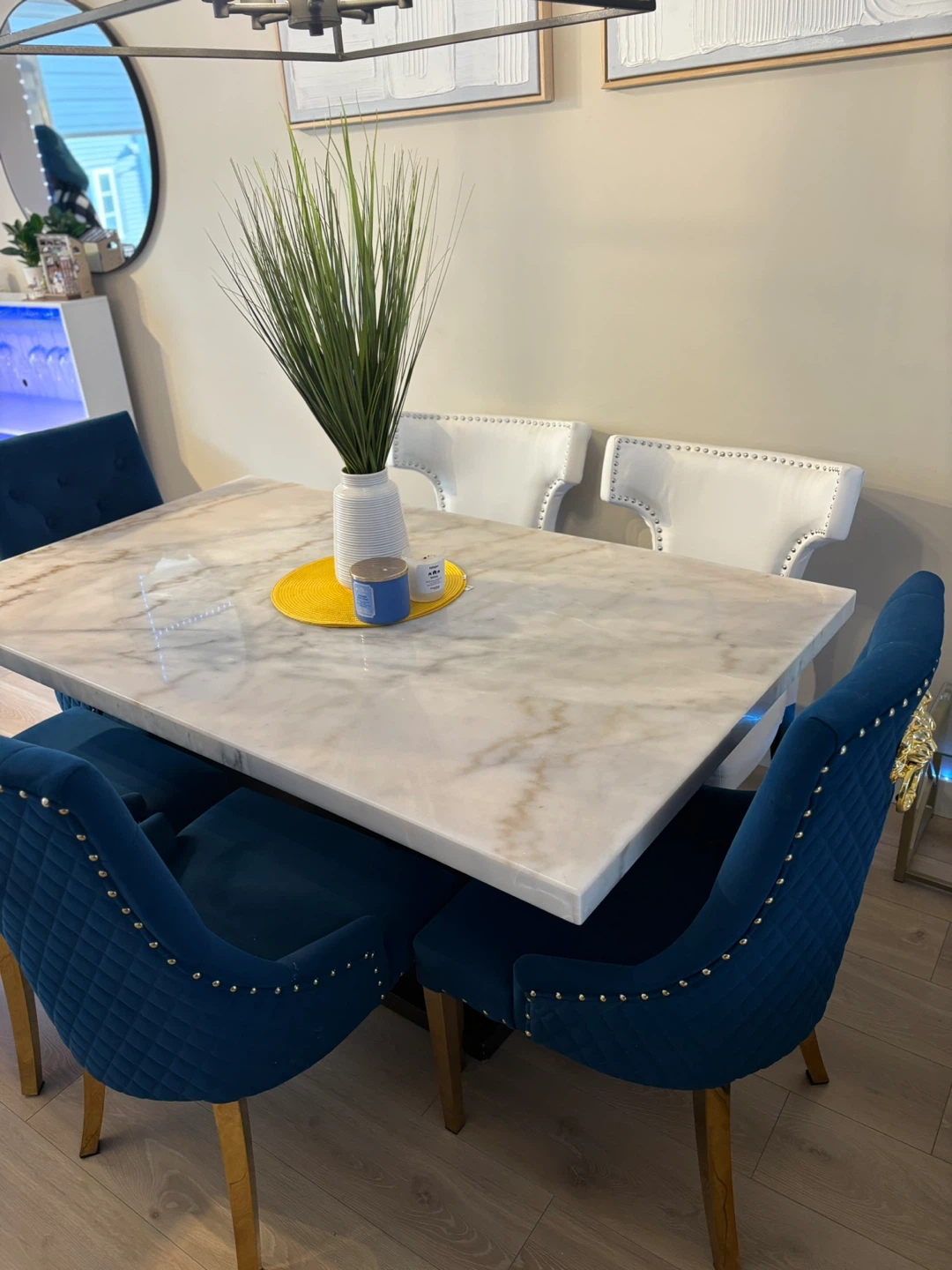 Dining Table with Blue Velvet Chairs