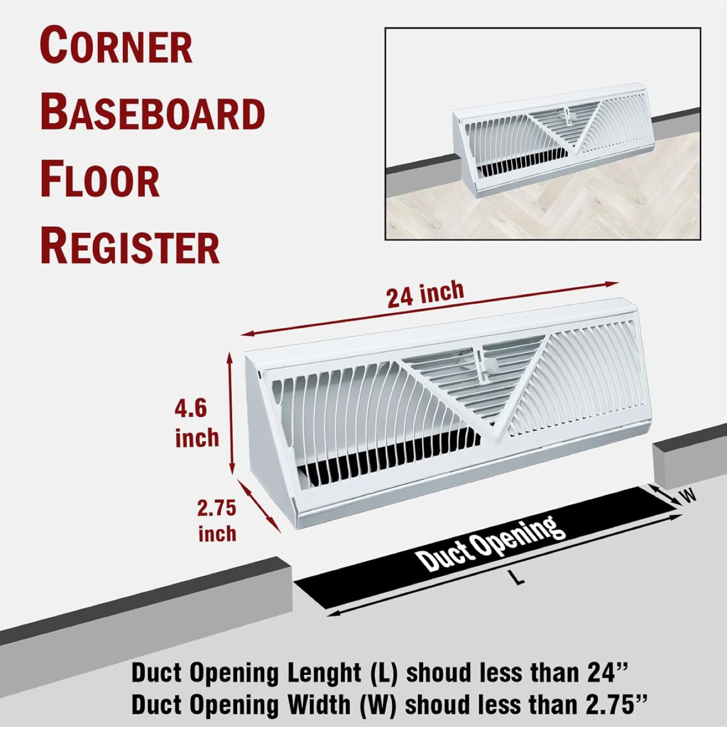 Corner Baseboard Floor Register 24 inch. Pack of - 10