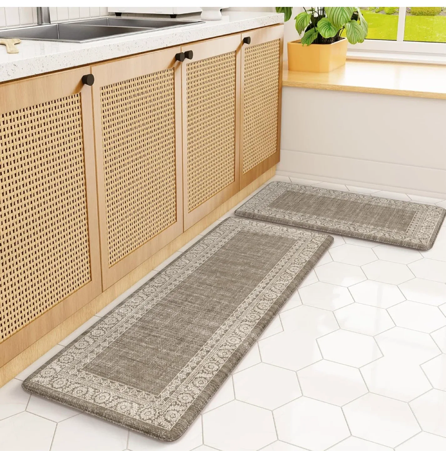 Kitchen Runner Rug set of 2  - Memory Foam, Beige thumbnail
