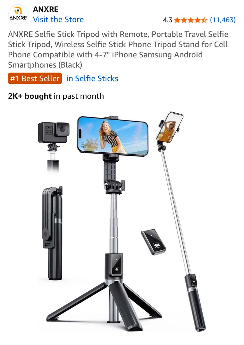 ANXRE Selfie Stick Tripod w/ Remote - Portable thumbnail