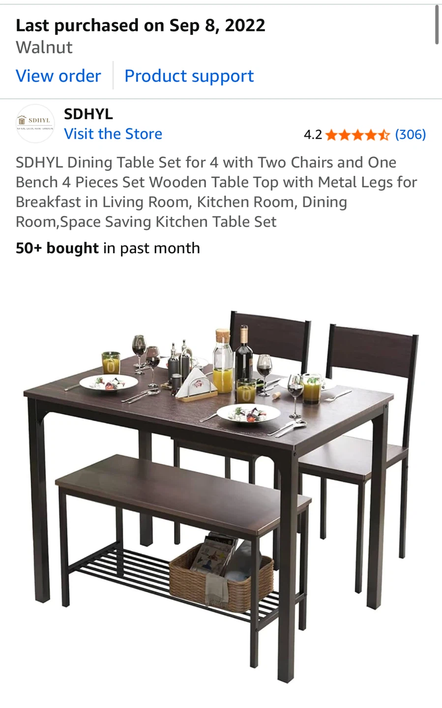 SDHYL Walnut Dining Table Set - 4 Piece