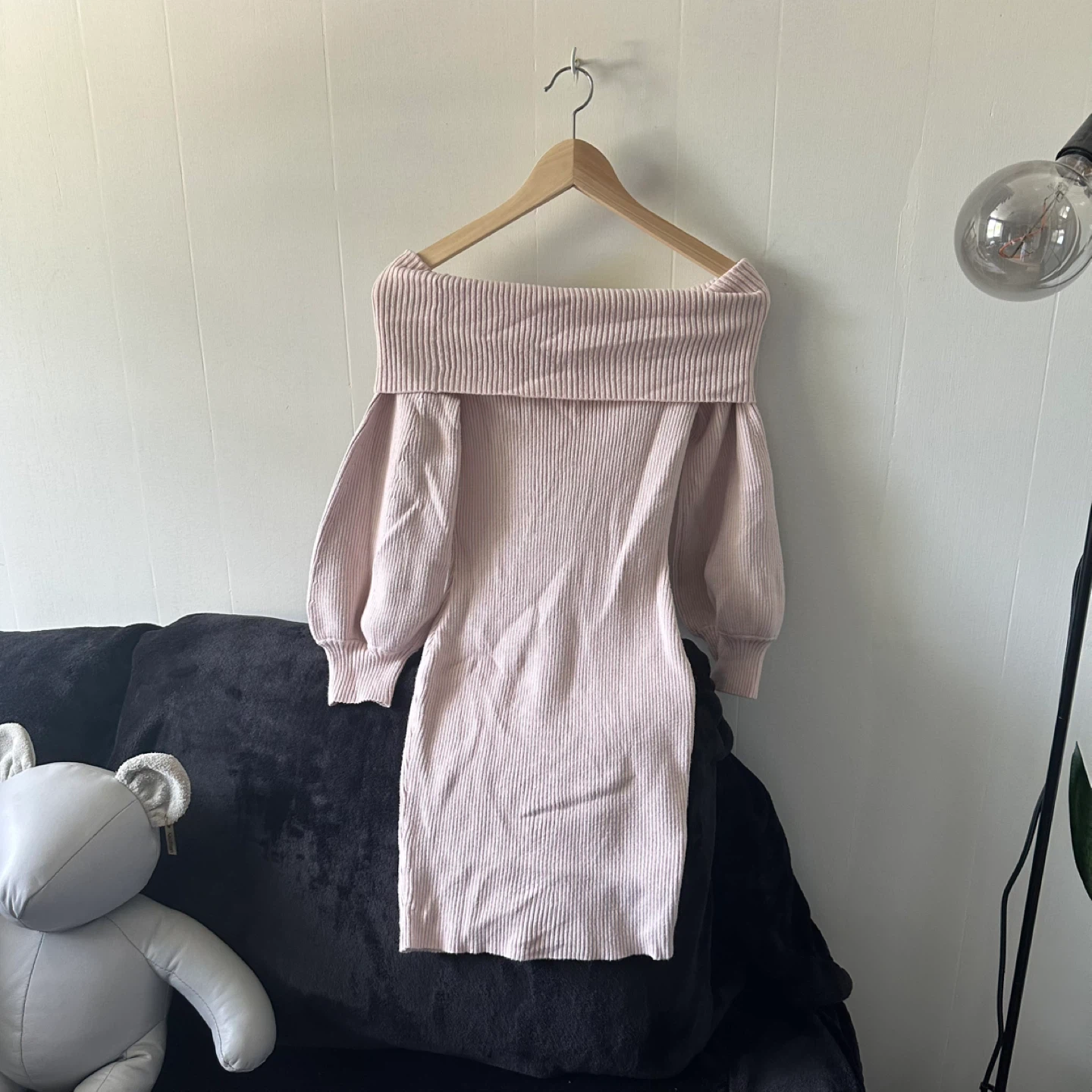 Soft pink off the shoulder knit mini dress